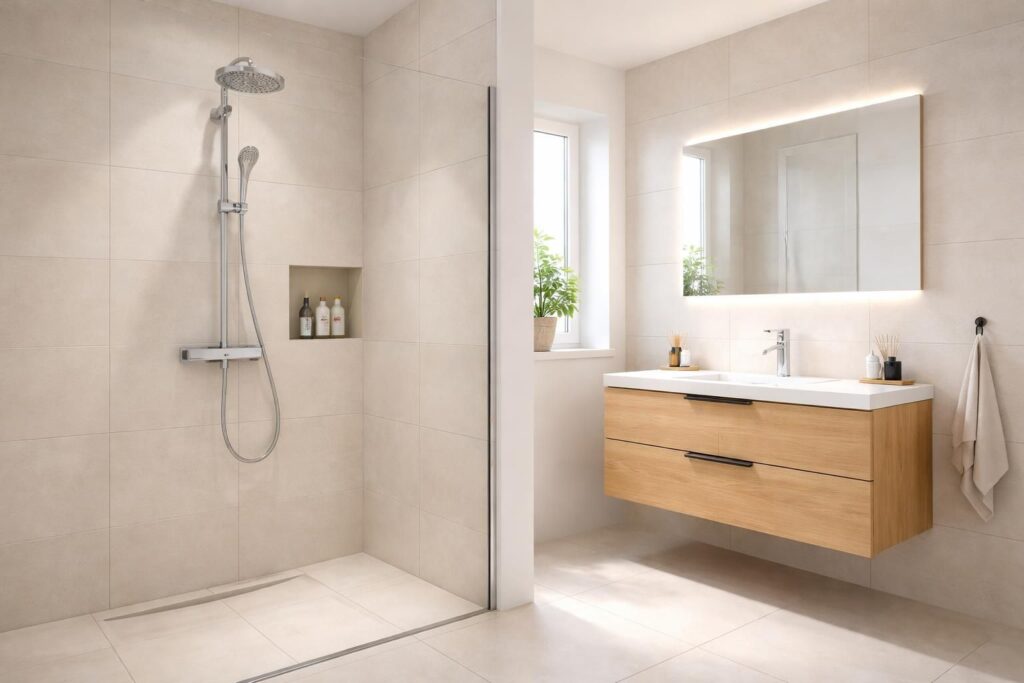Installer une salle de bain moderne avec douche italienne Grohe et meuble vasque Sanijura