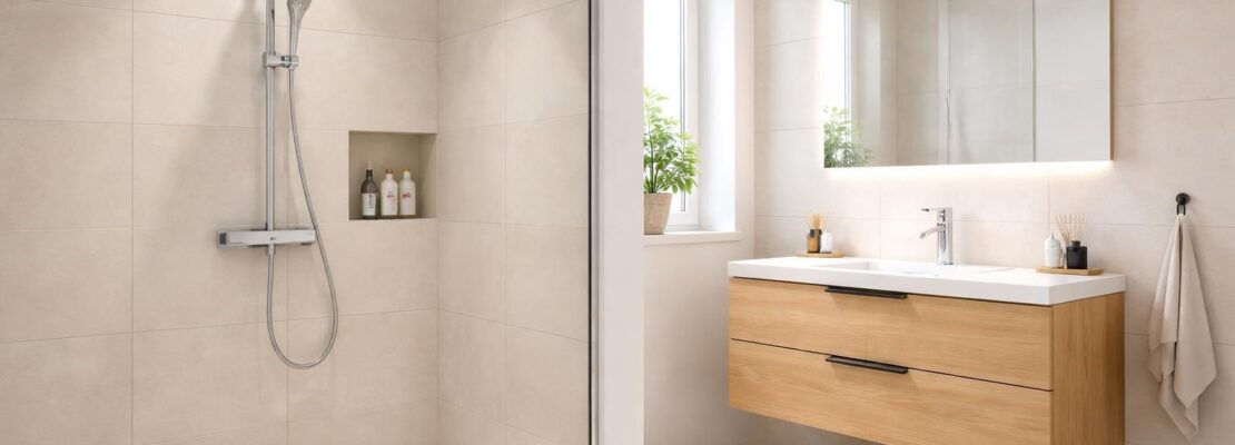 Installer une salle de bain moderne avec douche italienne Grohe et meuble vasque Sanijura
