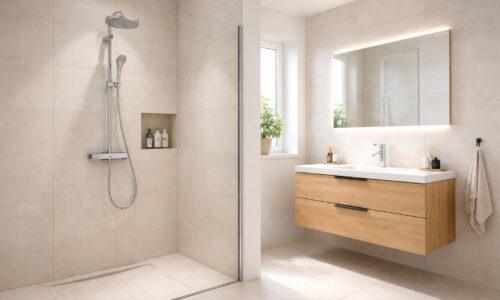 Installer une salle de bain moderne avec douche italienne Grohe et meuble vasque Sanijura
