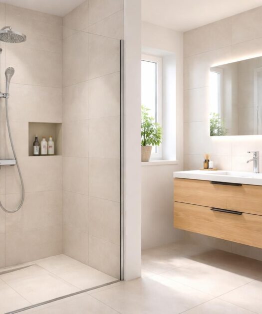 Installer une salle de bain moderne avec douche italienne Grohe et meuble vasque Sanijura