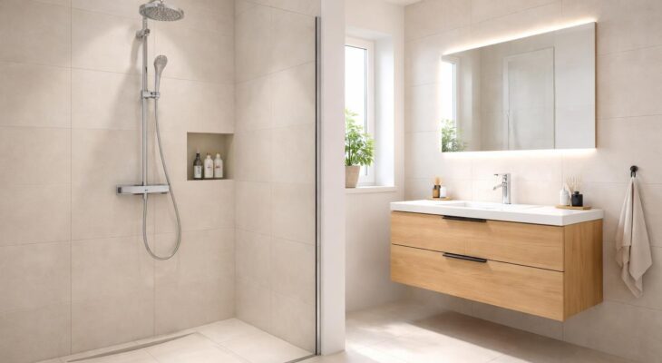 Installer une salle de bain moderne avec douche italienne Grohe et meuble vasque Sanijura