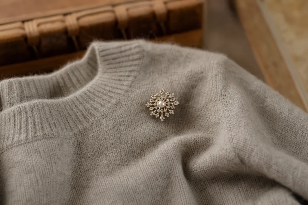 On a testé la broche scintillante sur un simple pull en maille : le résultat est bluffant