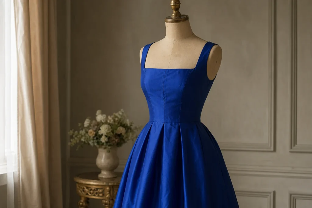 Robe bleu roi à encolure carrée : le détail chic qui structure la silhouette