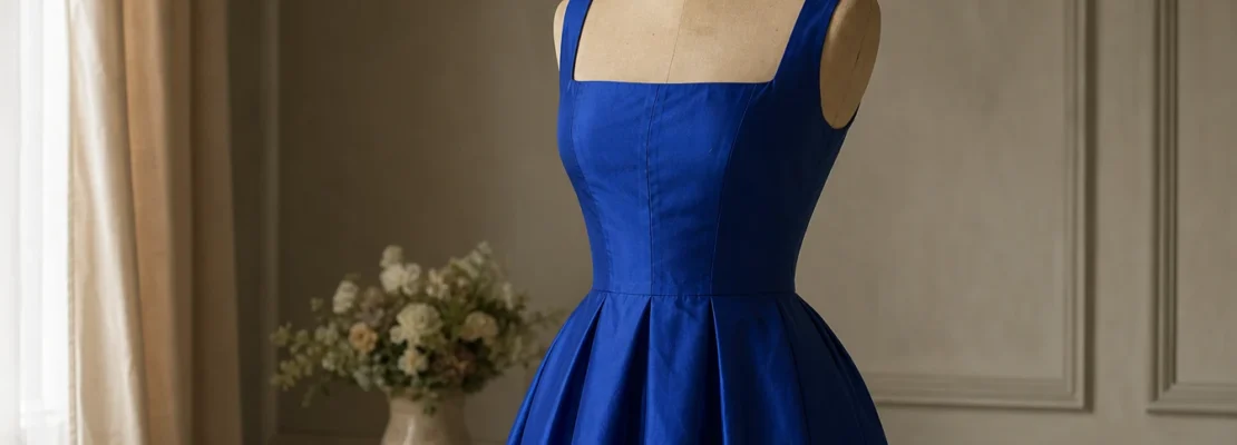 Robe bleu roi à encolure carrée : le détail chic qui structure la silhouette